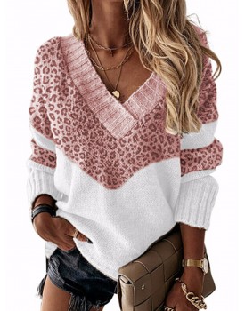 Autumn/winter V-neck Color-blocking Leopard-print Knit Pullo