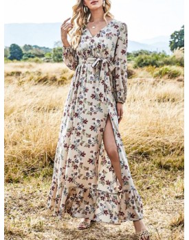 Bohemian Floral Print V-neck Stitching Hem Long Sleeve Maxi Dress