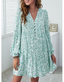 V-neck Floral-breasted Casual Loosen Dress